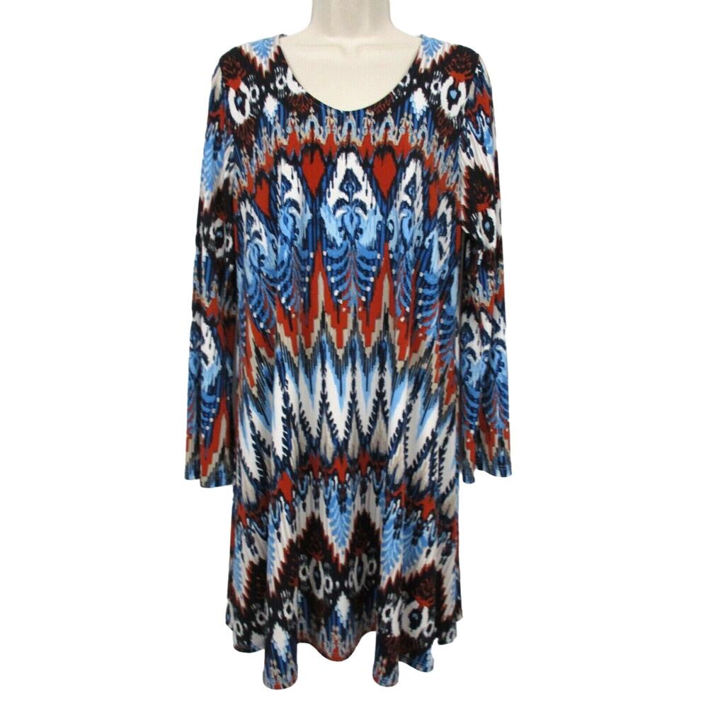 Karen Kane Tunic Top Womens Large Ikat Scoop Neck Swing Blue Red Slinky Knit